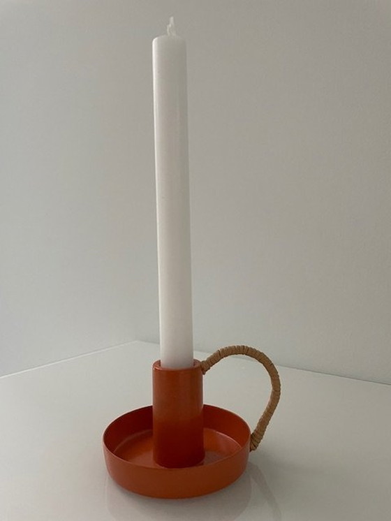 Image 1 of 2X Retro Metal Candlesticks Orange And Green