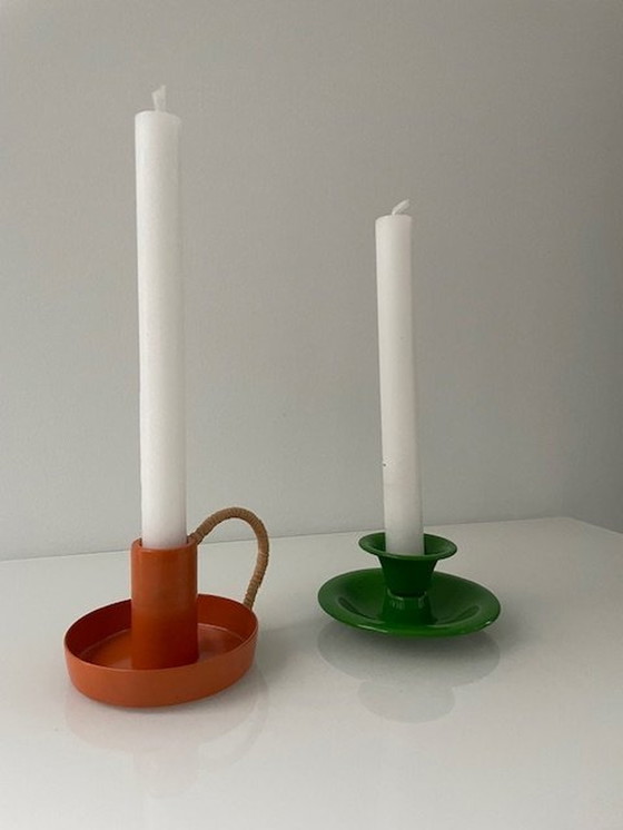 Image 1 of 2X Retro Metal Candlesticks Orange And Green