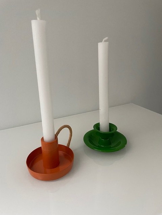 Image 1 of 2X Retro Metal Candlesticks Orange And Green