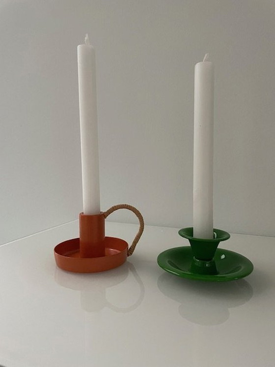 Image 1 of 2X Retro Metal Candlesticks Orange And Green