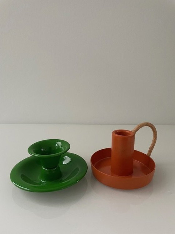 Image 1 of 2X Retro Metal Candlesticks Orange And Green