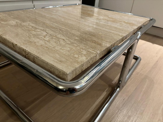 Image 1 of Chrome tube frame travertine coffee table