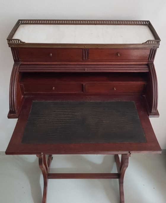 Image 1 of Small Antique English Brass, Mahogany, And Marble Secretaire