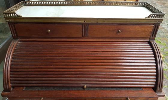 Image 1 of Small Antique English Brass, Mahogany, And Marble Secretaire