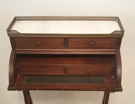 Small Antique English Brass, Mahogany, And Marble Secretaire