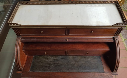 Small Antique English Brass, Mahogany, And Marble Secretaire