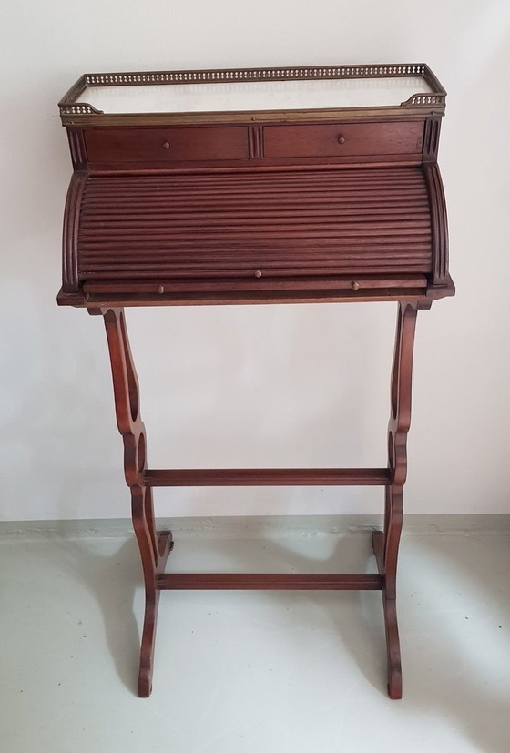 Image 1 of Small Antique English Brass, Mahogany, And Marble Secretaire