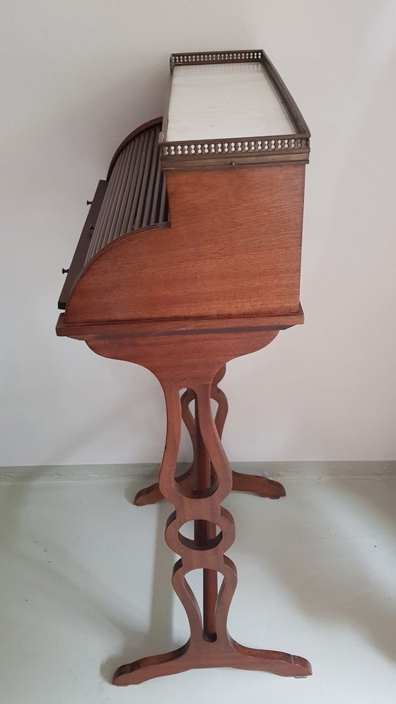 Image 1 of Small Antique English Brass, Mahogany, And Marble Secretaire