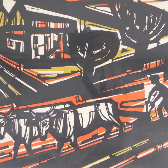 Image 1 of Lithograph Akke Sins , plowing farmers, 1963