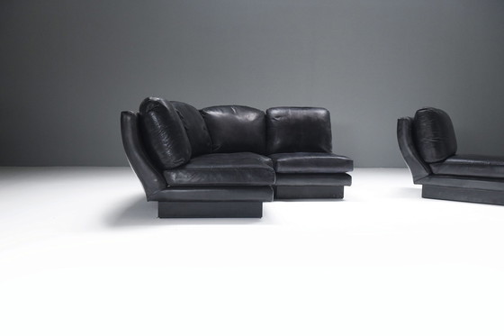 Image 1 of Rare 'Super C' Modular Sofa In Original Black Leather By Willy Rizzo. Signed!