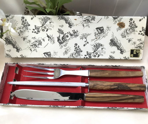 Cutting Set With Knife, Fork And Sharpening Tool Olive Wood Handle In Original Thiers Gift Box