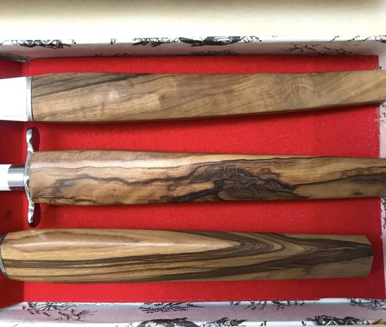 Image 1 of Cutting Set With Knife, Fork And Sharpening Tool Olive Wood Handle In Original Thiers Gift Box