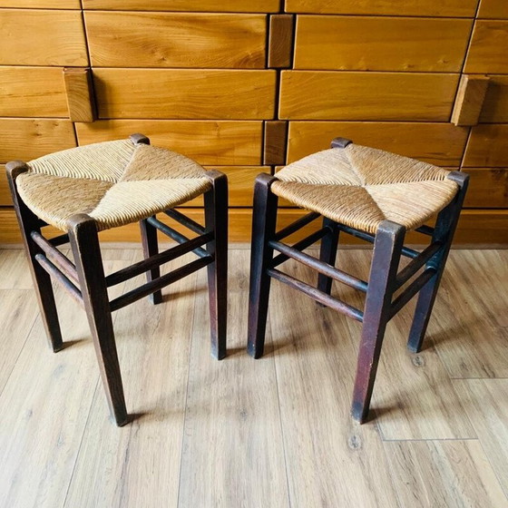 Image 1 of Pair of vintage wood and straw stools