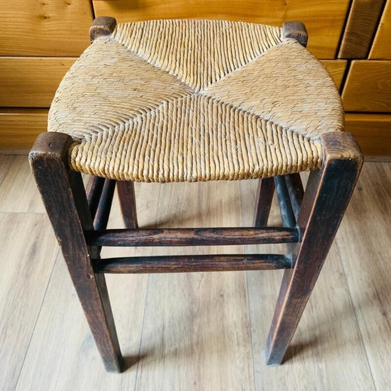 Image 1 of Pair of vintage wood and straw stools