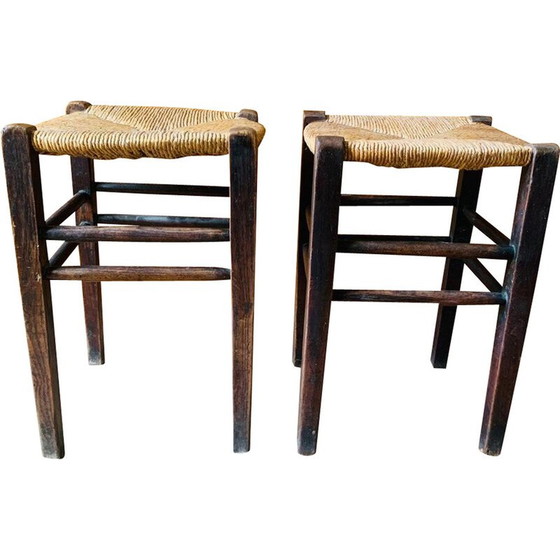 Image 1 of Pair of vintage wood and straw stools