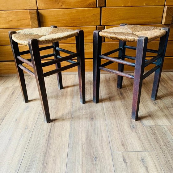 Image 1 of Pair of vintage wood and straw stools