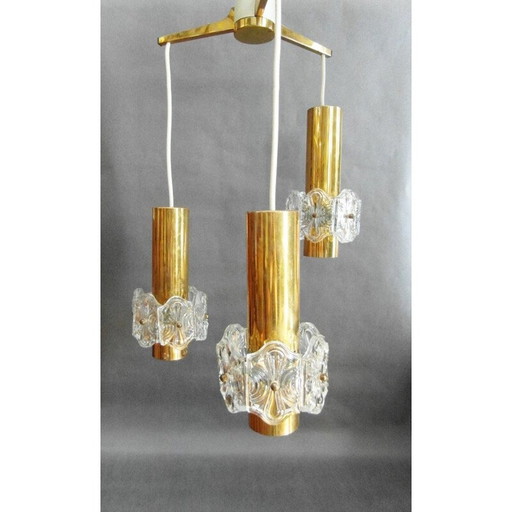 Lampada a sospensione vintage Kinkeldey anni '70 in ottone dorato e cristallo regolabile a 3 punti luce