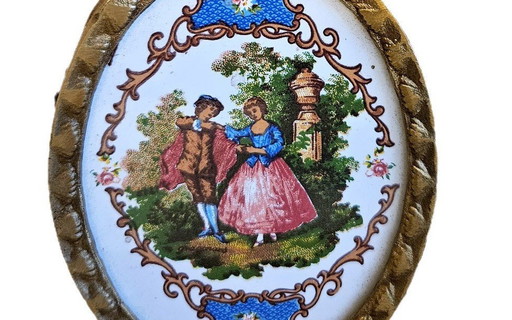 Vintage Hand Painted Victorian Lovers Porcelain Painting With Brass Frame Crown From Egypt