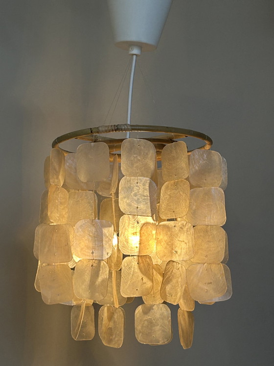 Image 1 of Set Of 2 Capiz Shell Pendant Lamps Shell Pearl Bamboo Frame White Wiring