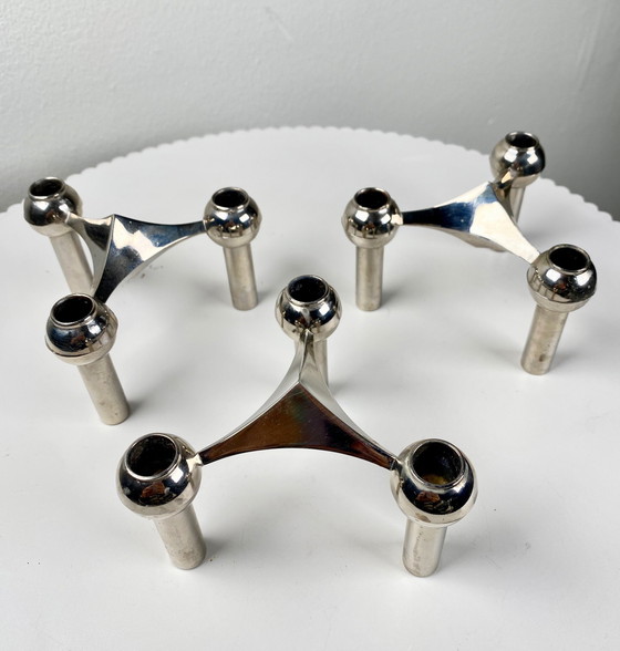 Image 1 of 3X Stoff Nagel Chrome / Silver Tone Modular Candle Holders In Original Box