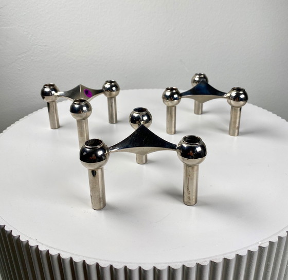 Image 1 of 3X Stoff Nagel Chrome / Silver Tone Modular Candle Holders In Original Box