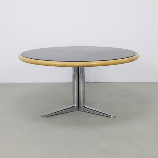 Table de salle à manger ronde en cuir et chêne par Warren Platner pour Knoll, 1970