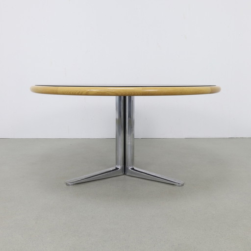 Table de salle à manger ronde en cuir et chêne par Warren Platner pour Knoll, 1970