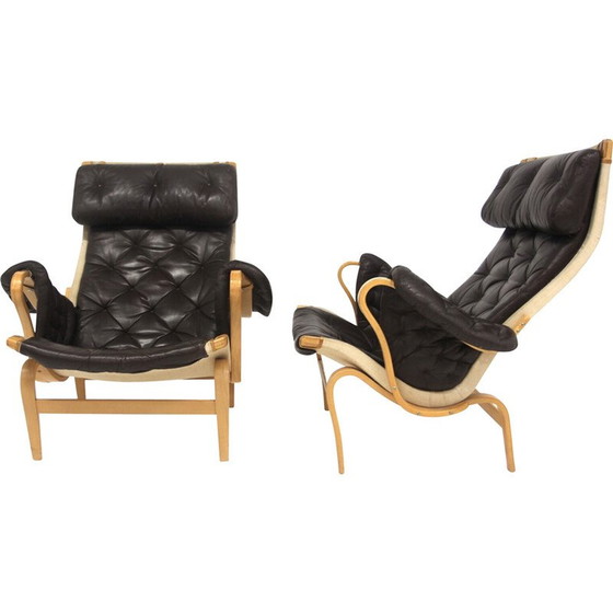 Image 1 of Pair of vintage "Pernilla 69" armchairs in oak and black leather by Bruno Mathsson for Karl Mathsson, Sweden 1960