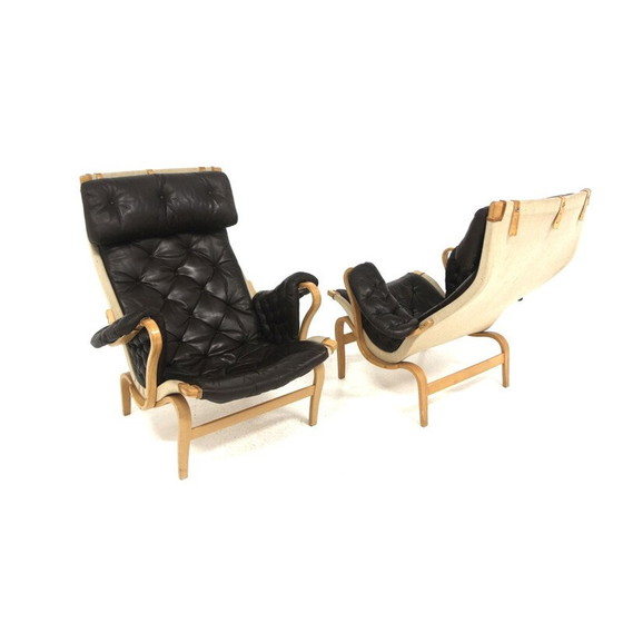 Image 1 of Pair of vintage "Pernilla 69" armchairs in oak and black leather by Bruno Mathsson for Karl Mathsson, Sweden 1960