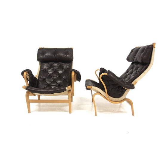 Image 1 of Pair of vintage "Pernilla 69" armchairs in oak and black leather by Bruno Mathsson for Karl Mathsson, Sweden 1960