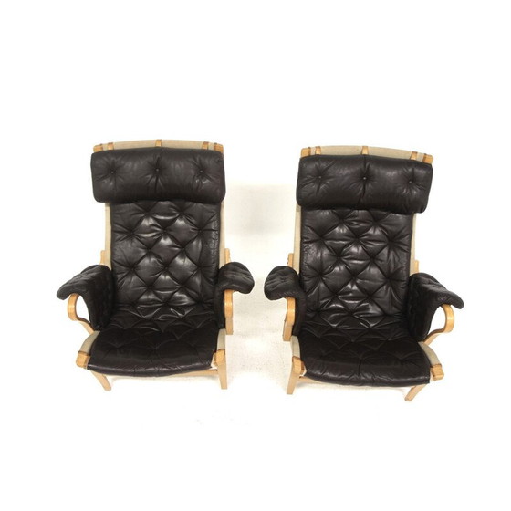 Image 1 of Pair of vintage "Pernilla 69" armchairs in oak and black leather by Bruno Mathsson for Karl Mathsson, Sweden 1960