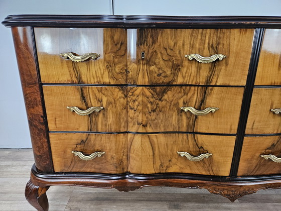 Image 1 of Chippendale Chest Of Drawers In Walnut And Blond Walnut With Glass Top