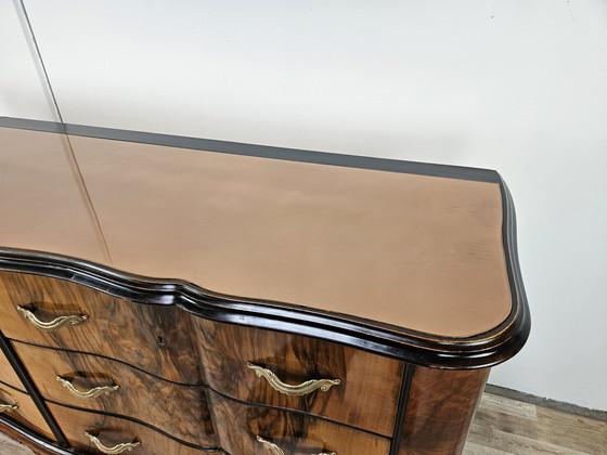 Image 1 of Chippendale Chest Of Drawers In Walnut And Blond Walnut With Glass Top