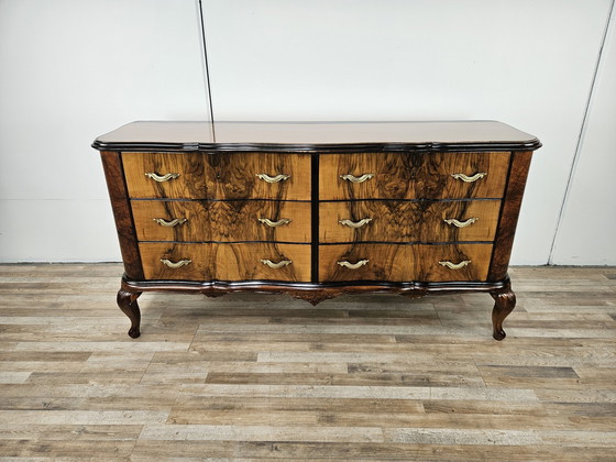 Image 1 of Chippendale Chest Of Drawers In Walnut And Blond Walnut With Glass Top