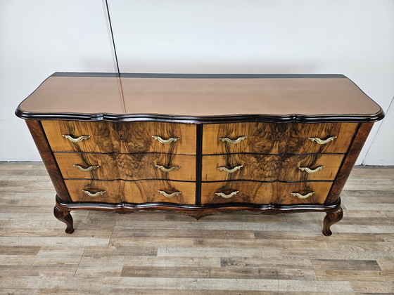 Image 1 of Chippendale Chest Of Drawers In Walnut And Blond Walnut With Glass Top