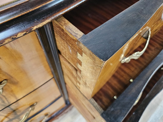 Image 1 of Chippendale Chest Of Drawers In Walnut And Blond Walnut With Glass Top