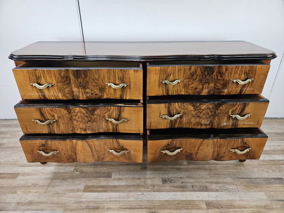 Image 1 of Chippendale Chest Of Drawers In Walnut And Blond Walnut With Glass Top