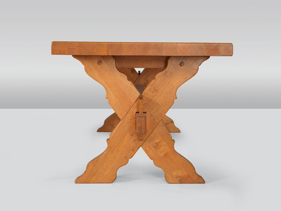 Image 1 of 1X Solid Oak Table + 5X Oak Armchairs With Piping Seat