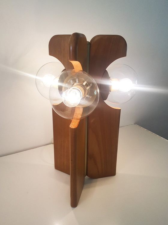 Image 1 of Brutalist Table Lamp In Brass And Oak From Kaiser Leuchten