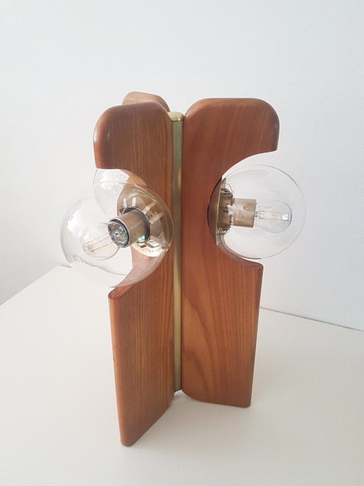 Brutalist Table Lamp In Brass And Oak From Kaiser Leuchten