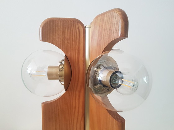 Image 1 of Brutalist Table Lamp In Brass And Oak From Kaiser Leuchten