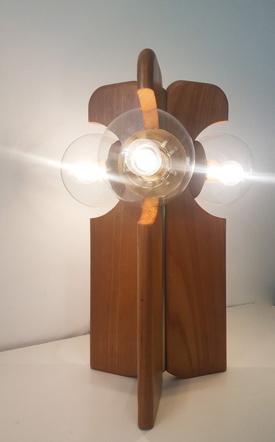 Image 1 of Brutalist Table Lamp In Brass And Oak From Kaiser Leuchten