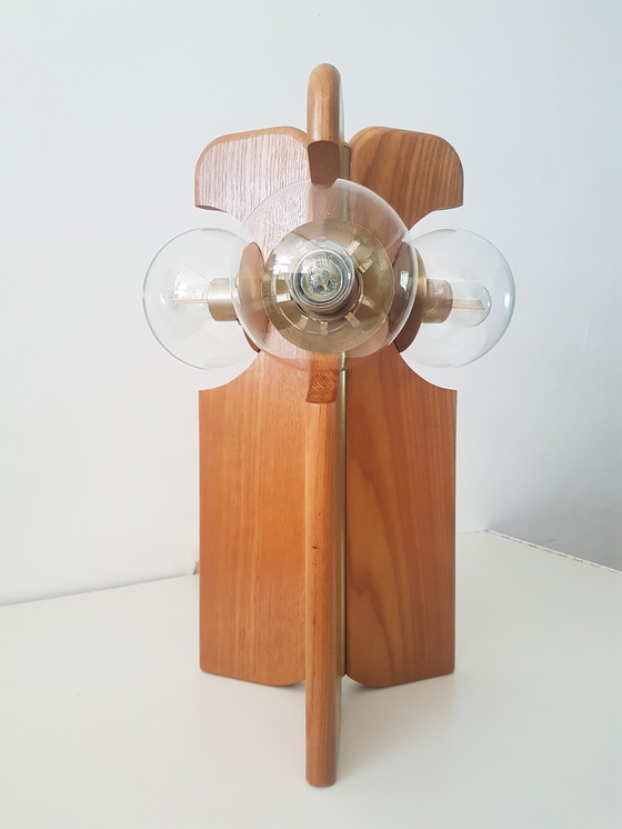 Image 1 of Brutalist Table Lamp In Brass And Oak From Kaiser Leuchten