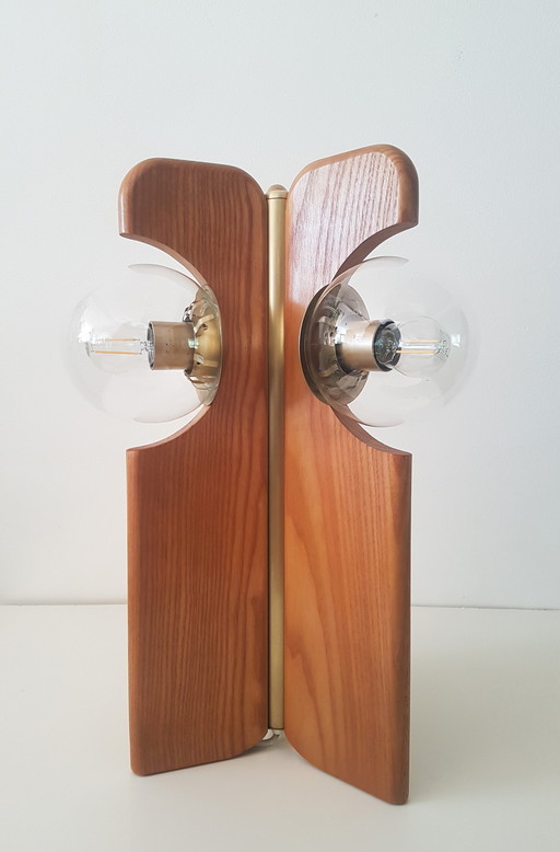 Brutalist Table Lamp In Brass And Oak From Kaiser Leuchten