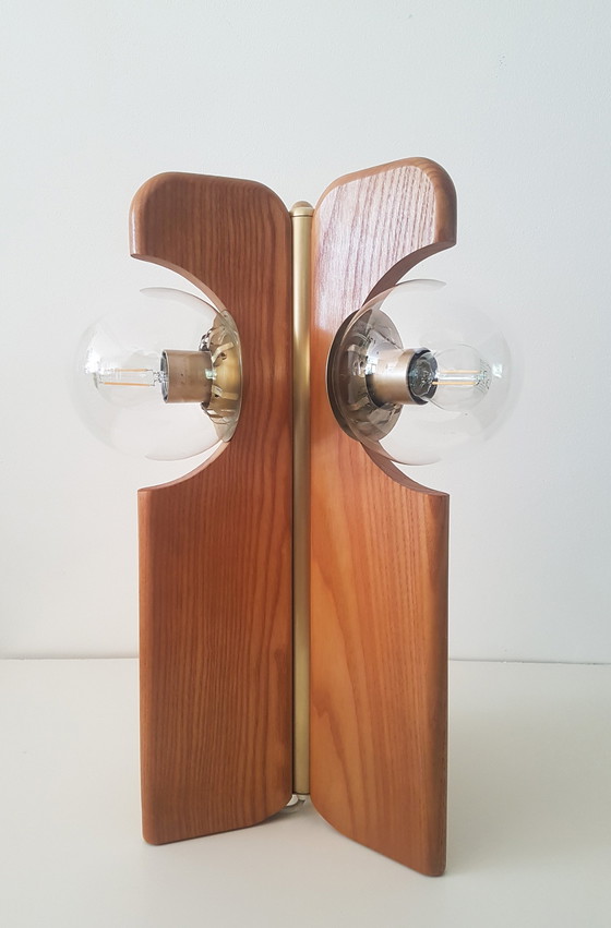 Image 1 of Brutalist Table Lamp In Brass And Oak From Kaiser Leuchten