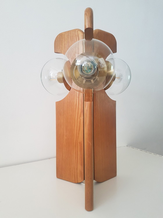 Image 1 of Brutalist Table Lamp In Brass And Oak From Kaiser Leuchten