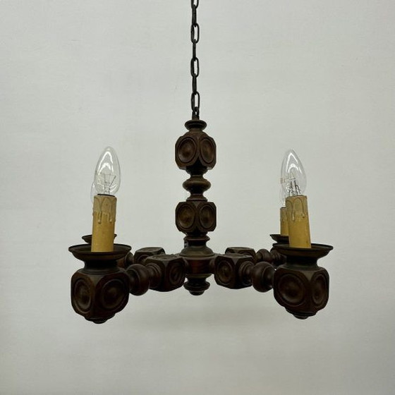 Image 1 of Brutalist oak wood chandelier , 1970’s