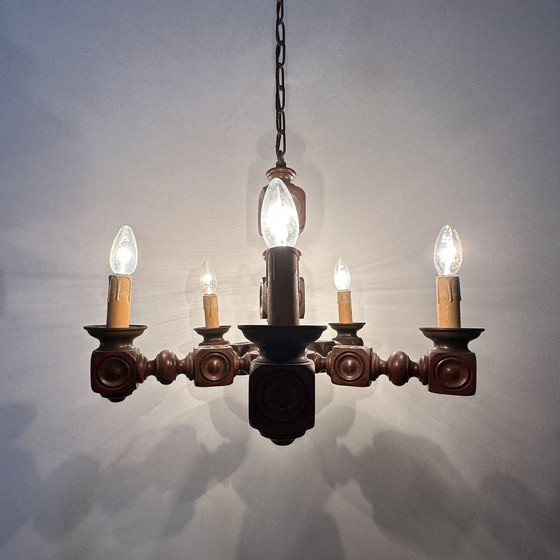 Image 1 of Brutalist oak wood chandelier , 1970’s