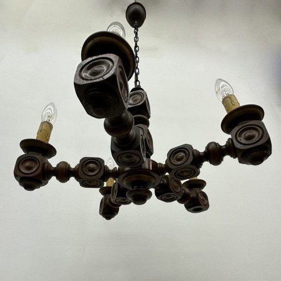 Image 1 of Brutalist oak wood chandelier , 1970’s