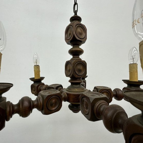 Image 1 of Brutalist oak wood chandelier , 1970’s